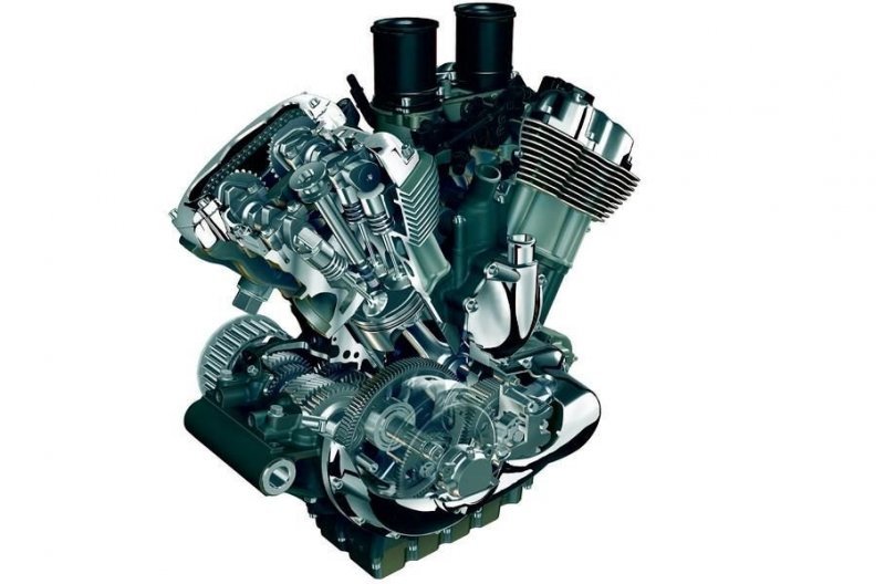 Двигатель V-Rod в разрезе: хорошо видно четырехклапанные головки