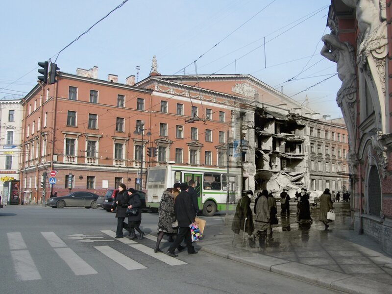 Ленинград 1942-2009 Невский 68. Дом был разрушен снарядом и восстановлен к 1947 году. Теперь опять разрушен