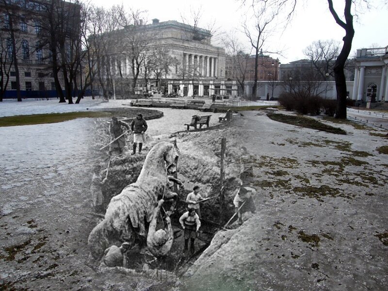 Ленинград 1945-2009 Аничков сад. Выкапывание из земли коней Клодта перед установкой их на свое место 