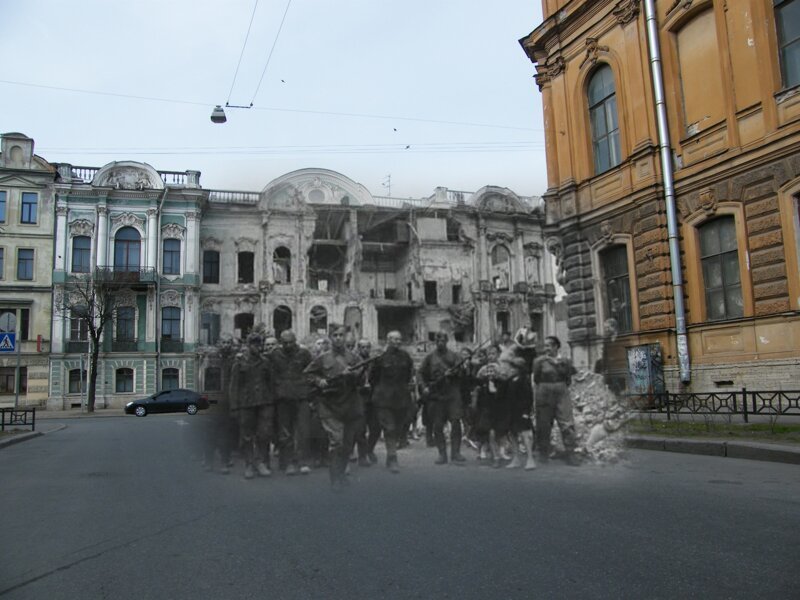 Ленинград 1942-2009 Угол Чайковского и Моховой. Пленные гитлеровцы на улицах осажденного города летом 1942 