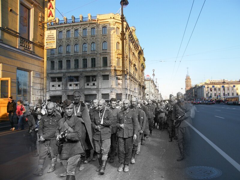 Ленинград 1942-2009 Невский проспект. Пленные гитлеровцы на улицах осажденного города в первое блокадное лето 