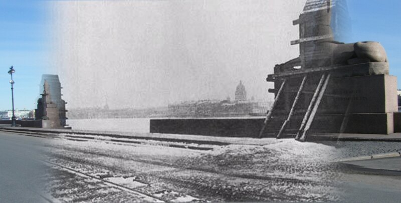 Ленинград 1942-2009 Университетская набережная. Сфинксы укрытые от осколков 