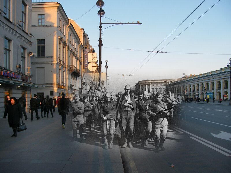 Ленинград 1942-2009 Невский проспект 42. Пленные гитлеровцы на улицах осажденного города в первое блокадное лето 