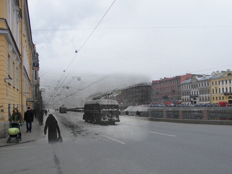 Ленинград 1942-2009 Набережная фонтанки 92. Замерзшие троллейбусы 