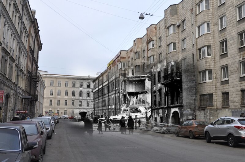 Ленинград 1942-2013. Разрушения на Бронницкой улице. 