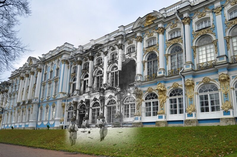 Пушкин 1944-2013. Советские разведчики у Екатерининского дворца в Пушкине 