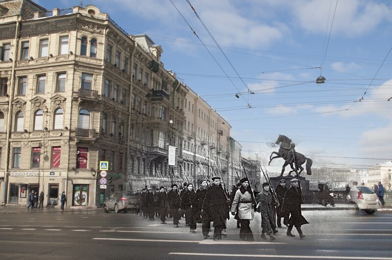 Ленинград 1941 - Санкт-Петербург 2018 Ополченцы на Аничковом мосту 