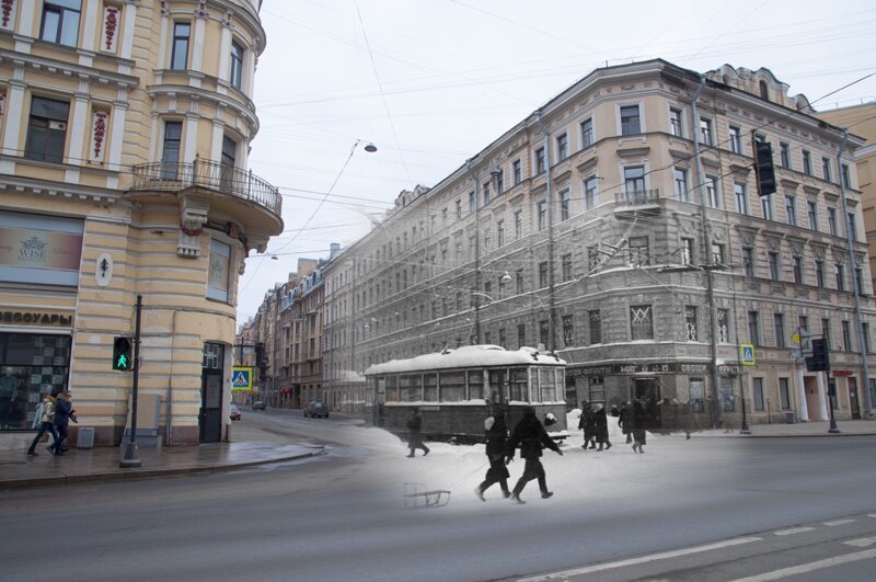 Ленинград 1942 - Санкт-Петербург 2018. Невский 172 застывшие трамваи 