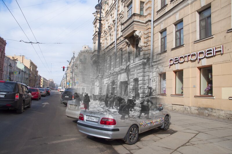 Ленинград 1942 - Санкт-Петербург 2018. Невский 160 после артобстрела