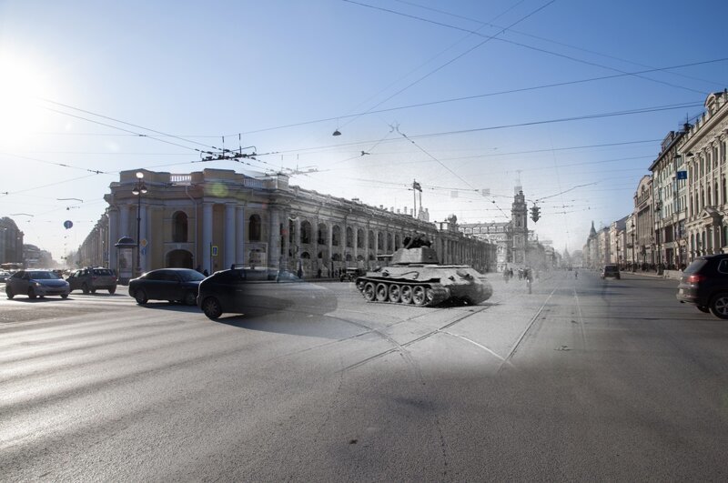 Ленинград 1942-Санкт-Петербург 2018. Т34-76 поворачивает на Садовую 