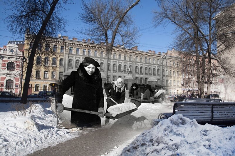 Ленинград 1942-Санкт-Петербург 2018. Уборка снега на Марата 62 