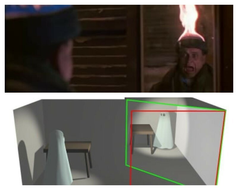 А в "Один дома" был использован трюк с камерой для сцены пожара: иллюзия, известная как "призрак Пеппера"