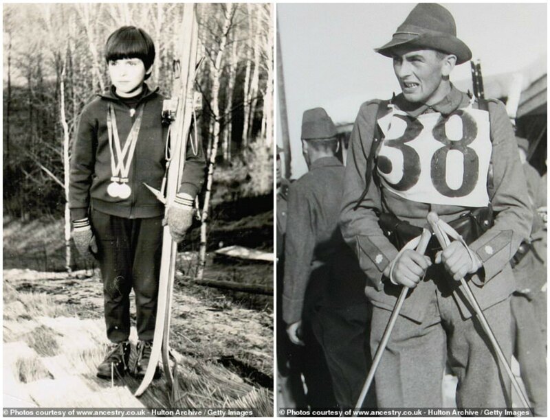 Слева - уже 1973 год, лыжник в медалях гордо держит свои лыжи. Справа - молодой человек, участвующий в лыжных гонках