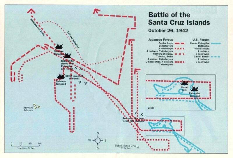 Схема авианосного сражения у островов Санта Крус. Несмотря на победу, японцы понесли существенные потери, которые сказались в последующих сражениях. 