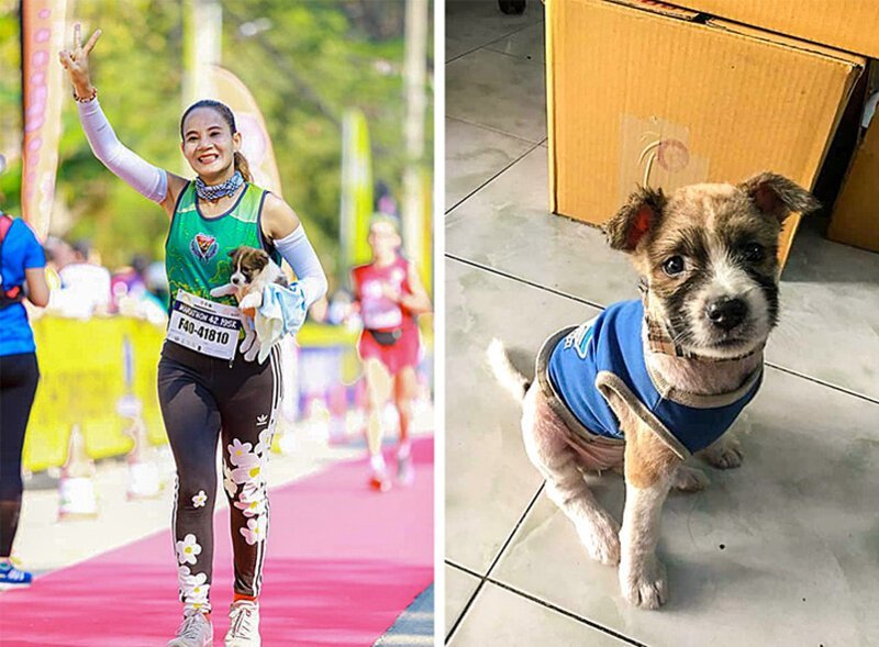 Участница марафона пробежала 30 км со щенком, которого она подобрала по пути. После марафона женщина его «усыновила»