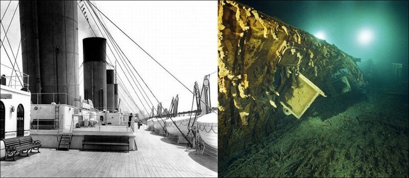 Сравнительные фото палубы Титаника, на которой размещались спасательные шлюпки. Справа видно, что надстройка на ней местами разорвана.