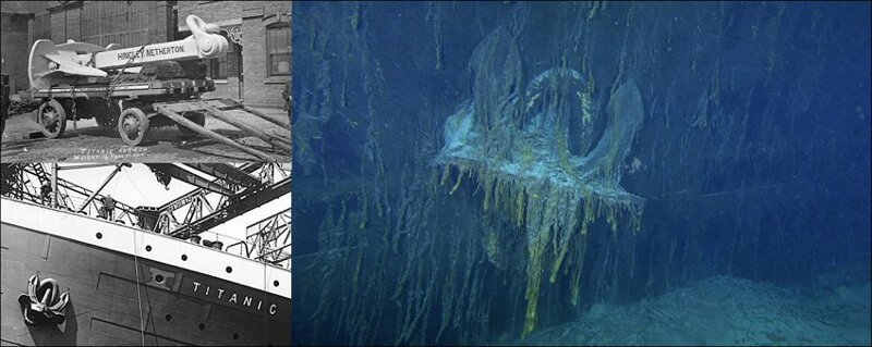 Фото основного якоря по левому борту Титаника. Остается загадкой, как он в процессе удара об дно не слетел вниз. 