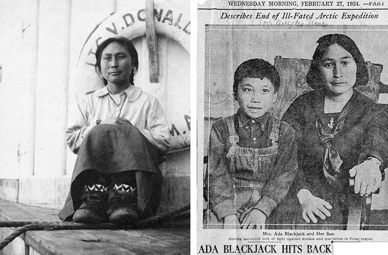 Слева: Ада Блэкджек на борту шхуны «Дональдсон» 19 августа 1923 года. Справа: вырезка из газетной статьи, опубликованной после возвращения домой. На фото — Ада и ее сын Беннетт
