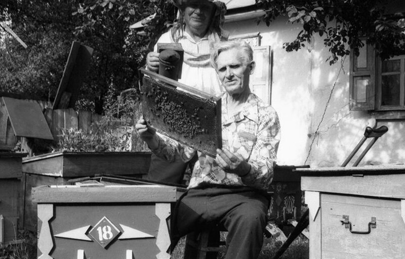 Это пчеловоды из Украины. Михаил Жеребцов потерял ногу во время Великой Отечественной войны. Он был танкистом.