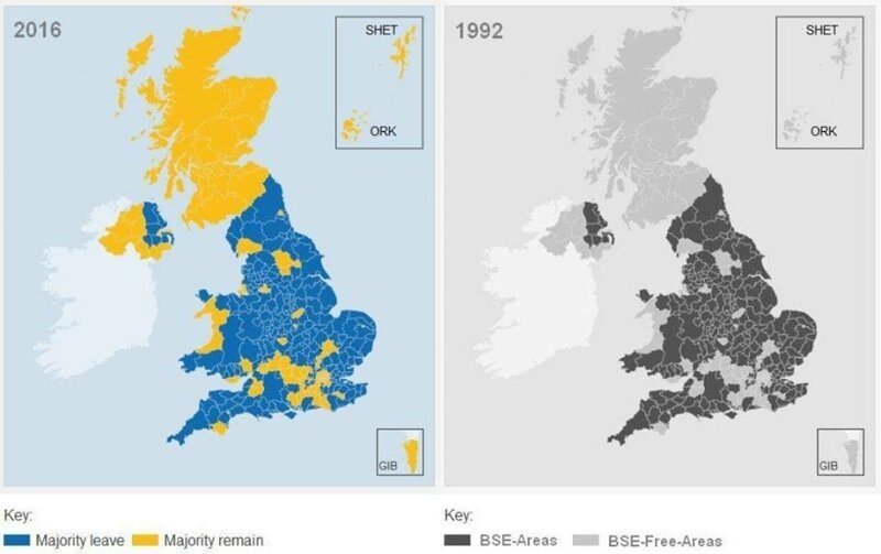 Результаты референдума ЕС 2016 и районы вспышек коровьего бешенства 1992