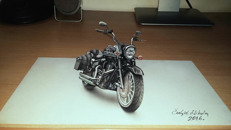 Мотоцикл Harley Davidson, маркеры и карандаши.