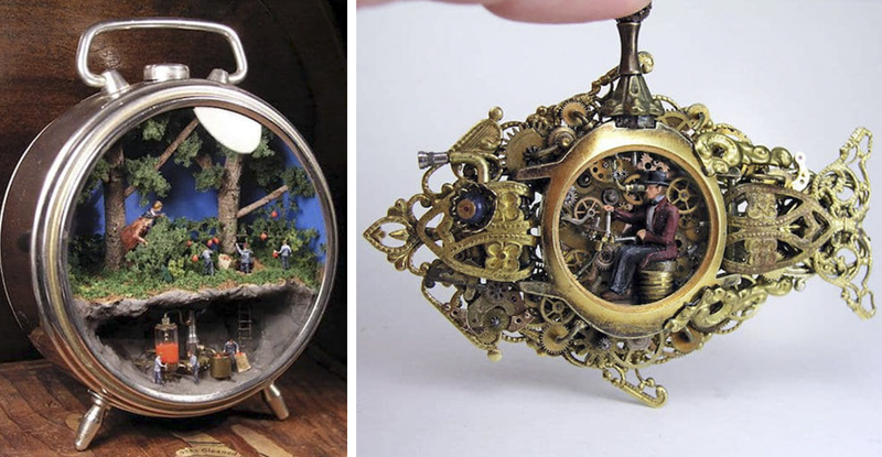 Художник создаёт внутри часов фантастические миниатюрные стимпанк миры