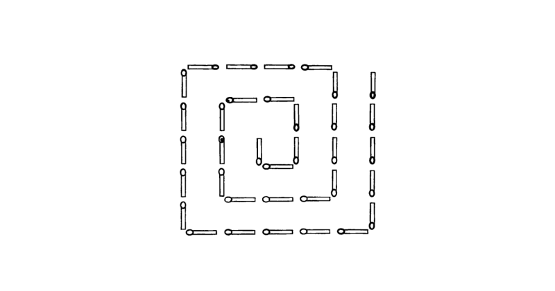 Из 35 спичек выложена "спираль". Переложите 4 спички так, чтобы получилось 3 неравных квадрата.