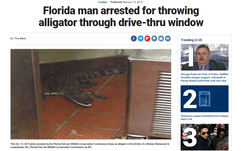 "Житель Флориды арестован за то, что бросил аллигатора в окно выдачи заказов"