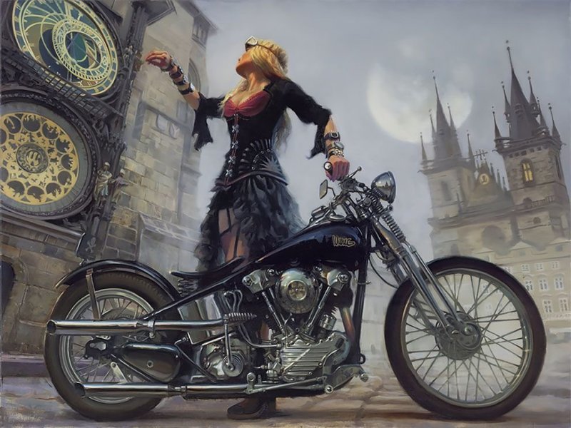  Мотоциклы Harley-Davidson и красивые девушки на ностальгических картинах Дэвида Уля
