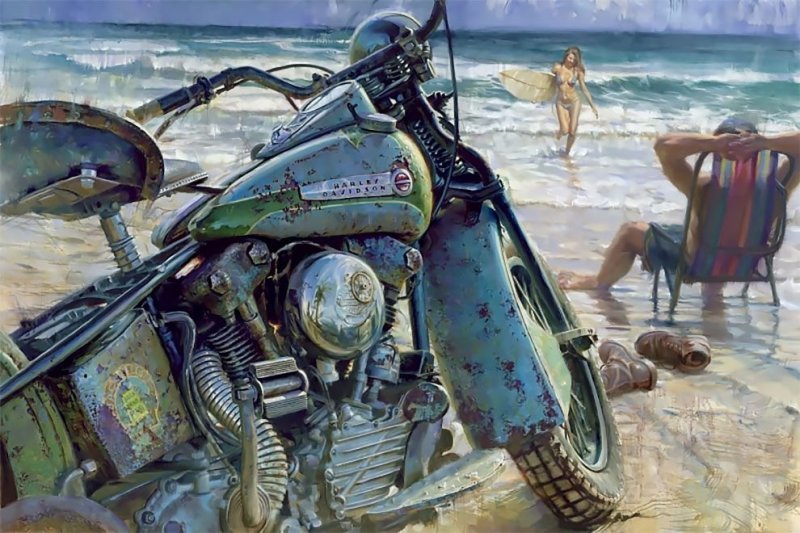  Мотоциклы Harley-Davidson и красивые девушки на ностальгических картинах Дэвида Уля