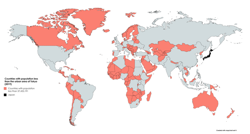 7. Красным выделены страны, население которых меньше, чем население токийской агломерации