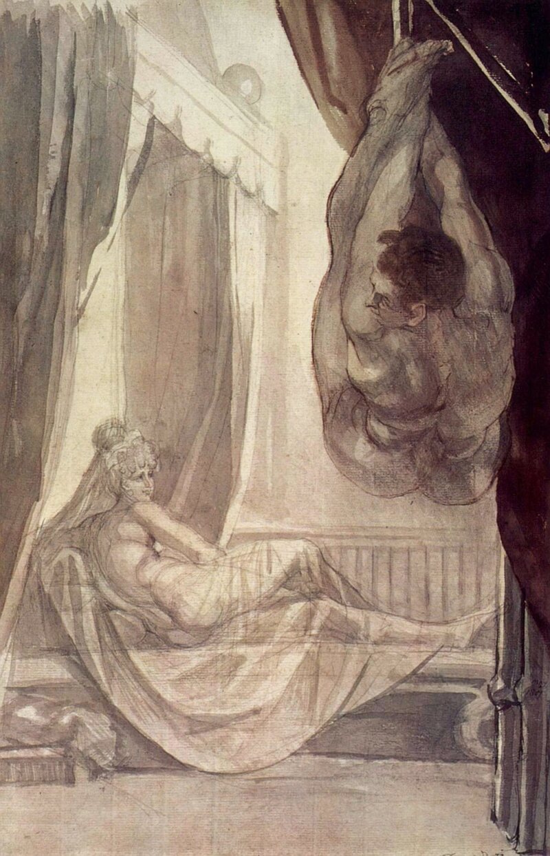 «Брунгильда, наблюдающая за Гунтером, которого она привязала к потолку» Иоганн Генрих Фюссли