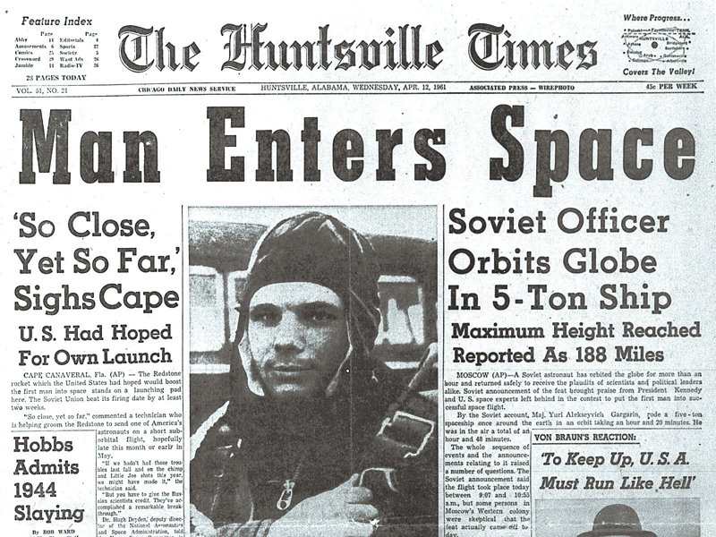Юрий Гагарин попал в заголовки американской газеты «Хантсвилль таймс» 12 апреля