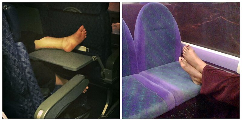В общественном транспорте закидывают ноги на пассажирские кресла. 