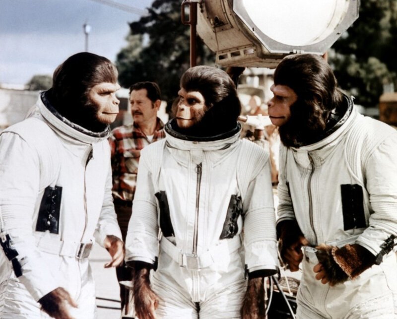 На съемках «Побега с планеты обезьян» (1971) 