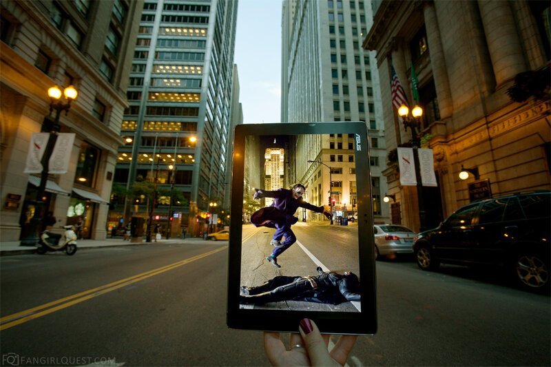 "Тёмный рыцарь". Хит Леджер в роли Джокера перед поверженным Бэтменом. Чикаго, США