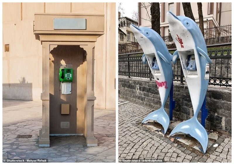 Телефонная будка в историческом районе Дубая (ОАЭ). Справа - таксофоны в виде дельфинов в Стамбуле (Турция)