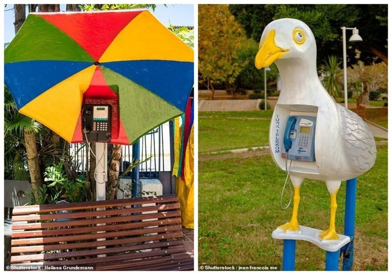 Общественный таксофон, украшенный разноцветным зонтиком (Олинда, Бразилия). Справа - будка в виде чайки (Анталья, Турция)