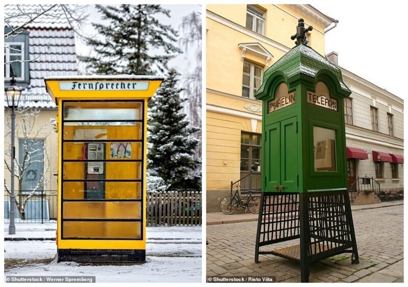 Старинная телефонная будка в берлинском районе Райникендорф. Справа - традиционная деревянная телефонная будка в Хельсинки (Финляндия)