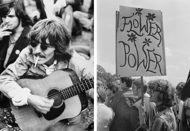 Слева: Джордж Харрисон одолжил гитару у местных хиппи, гуляя по парку «Золотые ворота», Сан-Франциско, 1967 год. Справа: демонстранты выступают за легализацию наркотиков в Гайд-парке, Лондон, 1967 год.