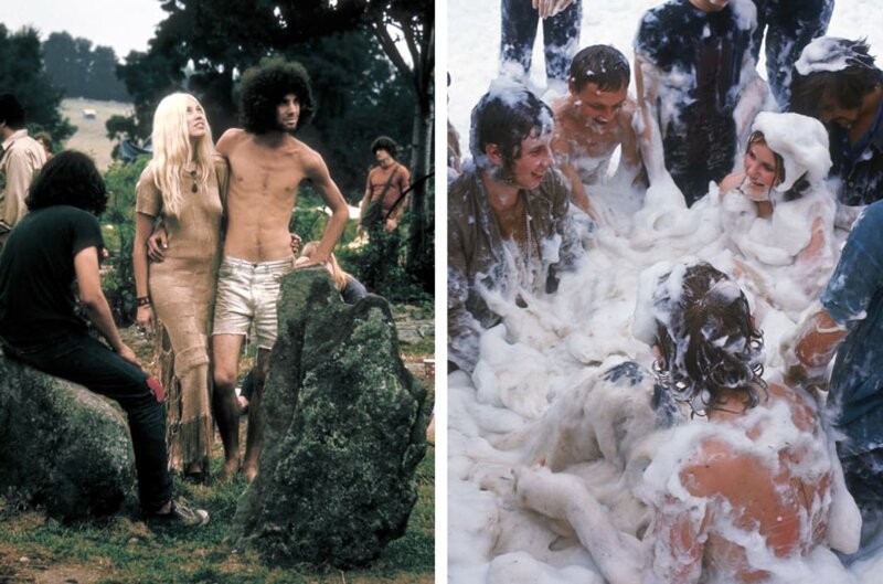 Слева: Вудсток, 1969 год. Справа: люди, покрытые пеной, веселятся на фестивале Isle of Wight.