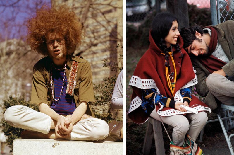 Слева: молодой хиппи сидит в Центральном парке, Нью-Йорк, 1969 год. Справа: пара ждет начала фестиваля Монтерей-Поп, 1967 год.