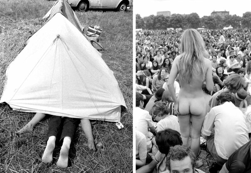 Слева: пара предается свободной любви в палатке, фестиваль Isle of Wight, 1969 год. Справа: обнаженная женщина на концерте в Гайд-парке, 1970 год.