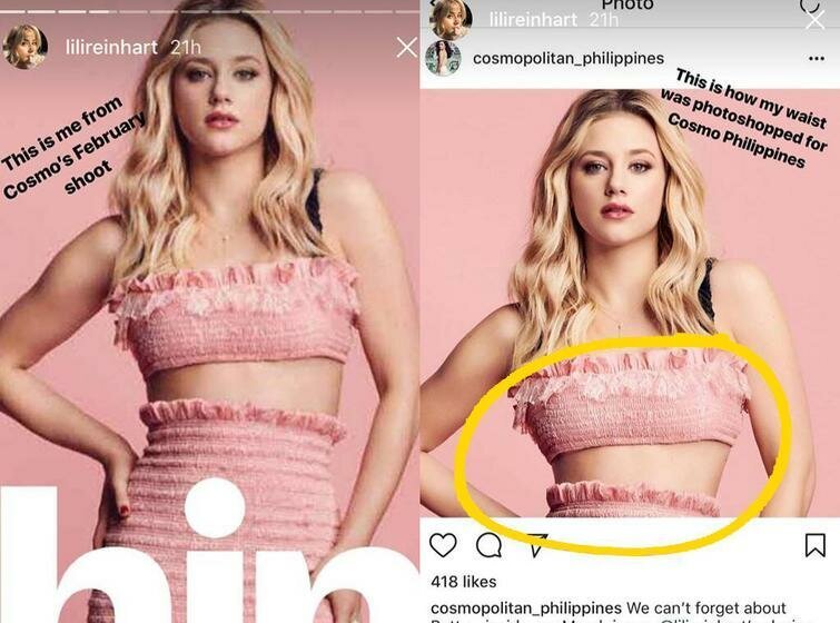 Звезда сериала «Ривердэйл» Лили Рейнхарт поделилась в своём Инстаграме сравнительной фотографией того, как её фигуру отфотошопило филиппинское отделение журнала Cosmopolitan