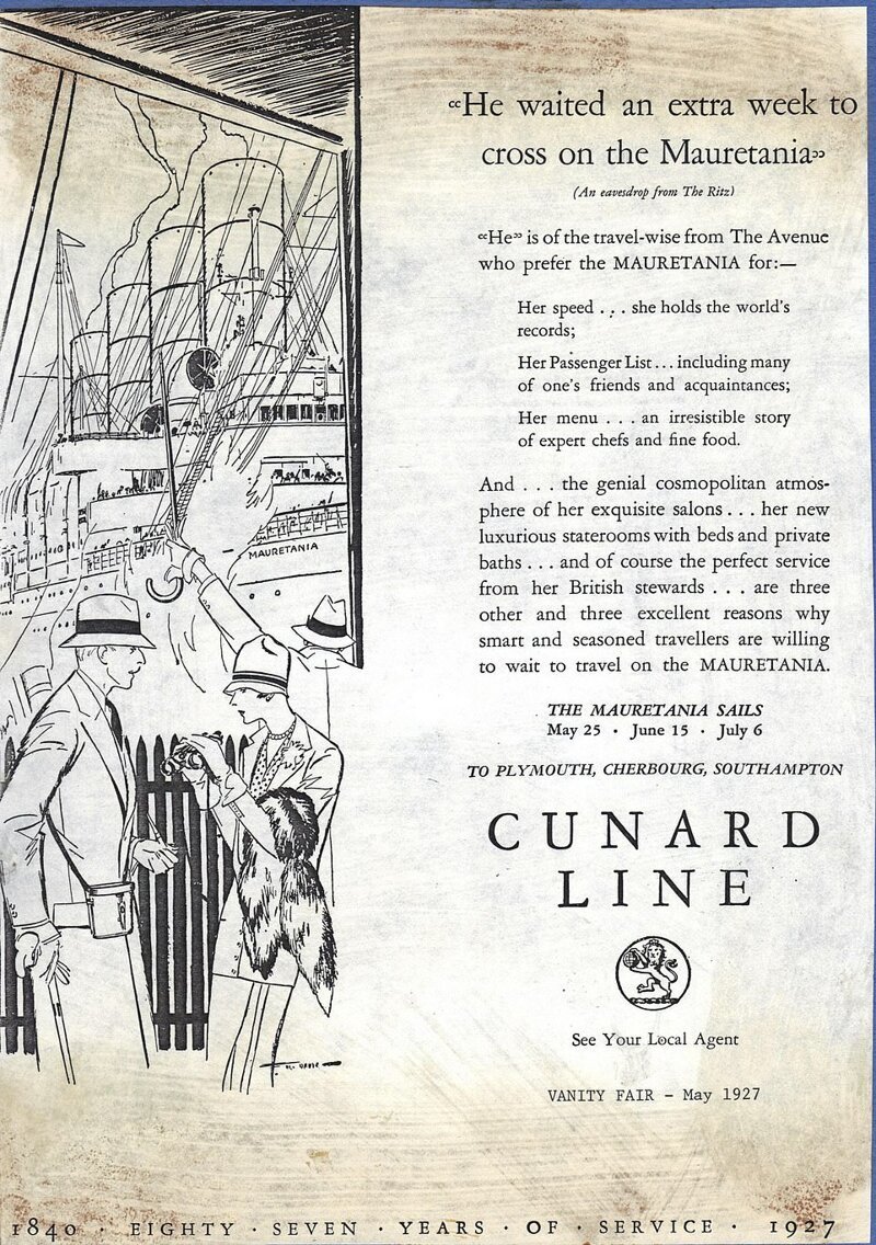 Реклама "Мавритании" в журнале Vanity Fair от 1927 года: профессиональные шеф-повара и изысканные блюда, безукоризненный сервис, а также космополитическая атмосфера роскошных салонов