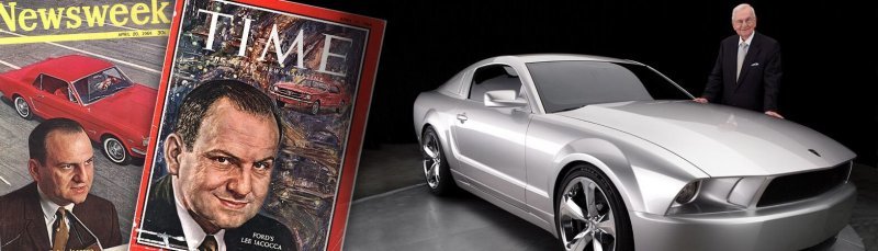 Обложки журналов 1964 года и Ли Якокка вместе с Ford Mustang Iacocca Silver 45th Anniversary Edition