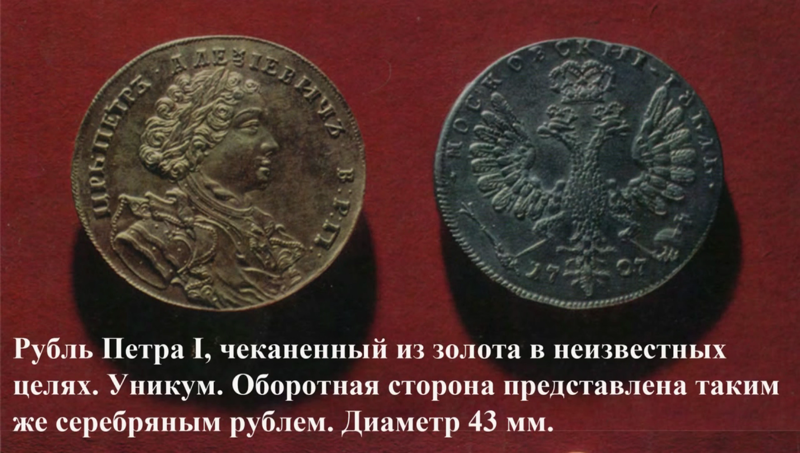 Рубль Петра I, чеканенный из золота