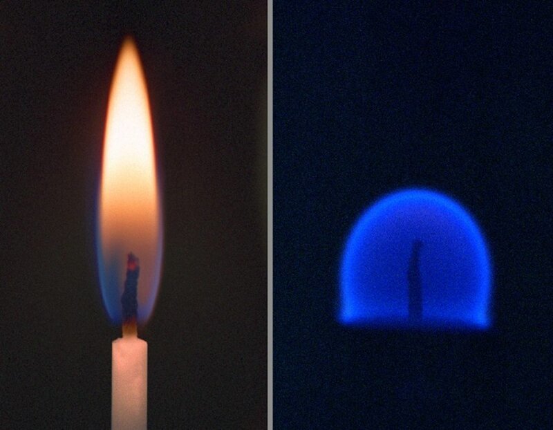 Горящая свеча на Земле и горящая свеча в условиях микрогравитации на Международной космической станции