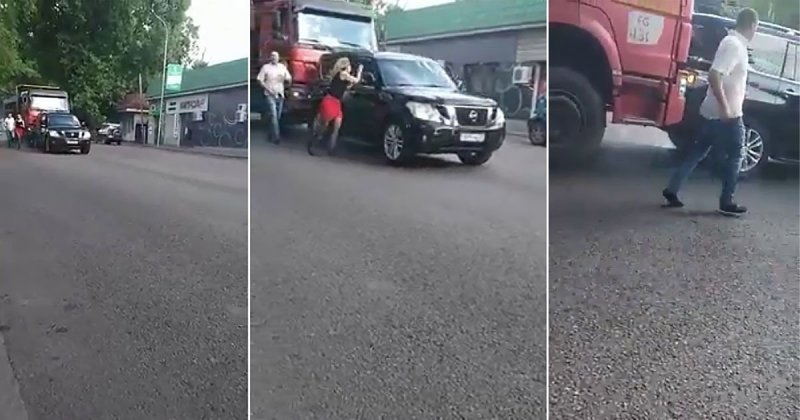 Дорожный конфликт в Алматы: грузовик протащил внедорожник по дороге