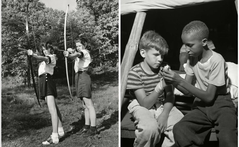 Девочки учатся стрелять из лука, 1944 г. Мальчик делает перевязку товарищу, который поранил руку. Лагерь Натана Хейла, Саутфилдс, август 1943 г.